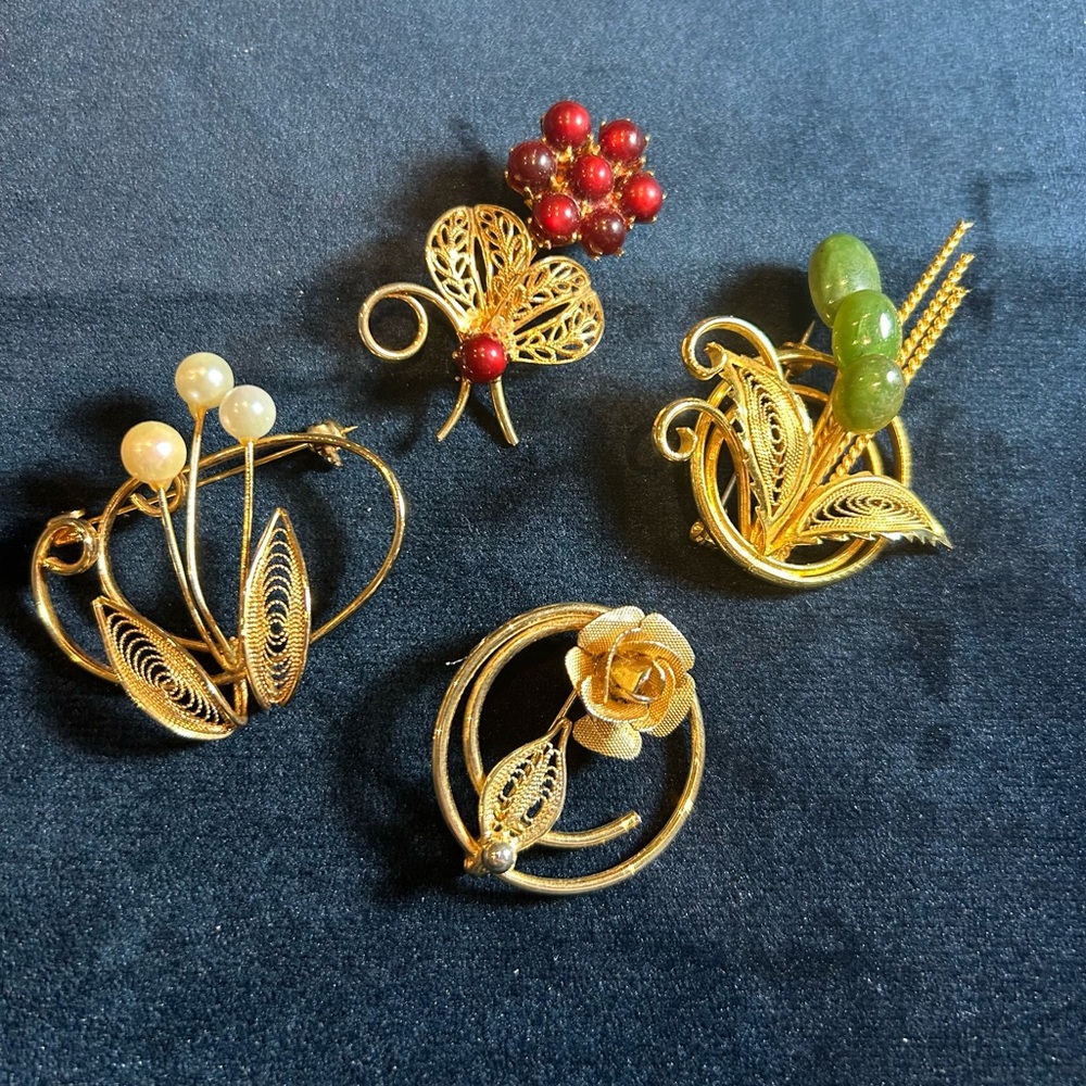 Gold-Tone Filigree Floral Brooch Pins